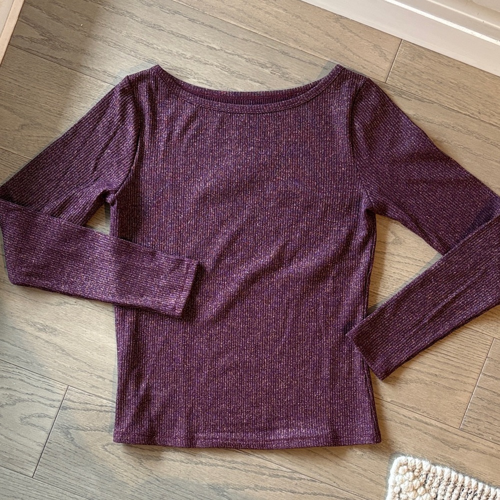 Metallic ribbed aubergine Long Sleeve Top